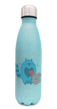 Glitzerflasche blau "Katze-Maus"