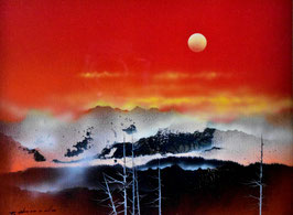 浜田泰介 「昇る陽」　油彩Ｆ3号　真作保証　1987年制作　　思わず息をのむ！神秘的な幽玄の世界を描く巨匠！　風景画