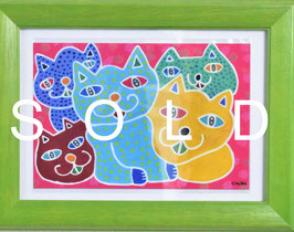 カミジョウミカ　「ネコがネコにネコだらけ」　オリジナルポストカード　フレーム付　コンテンポラリー　アートグッズ