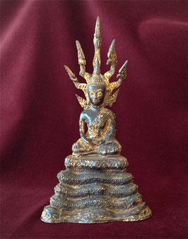 Statuette en bronze laqué/doré du Bouddha protégé par le Naga (XIXe siècle)