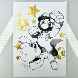 Mario & Yoshi Original Ink Drawing