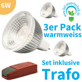 3er Set MR16 LED Strahler 6W GLAS-COB , 70° warmweiss, dimmbar inkl. Trafo