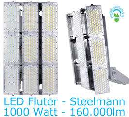 LED Steelman - Fluter 1000W | 10°, 30°, 60°, 90°, 120° Abstrahlwinkel | 160.000 lm | 3000K warmweiss | IP66 | 1-10V dimmbar |