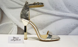 WO MILANO-SANDALI DONNA VERA PELLE PLATINO EFFETTO COCCO TACCO FINE METALLO ORO MADE IN ITALY