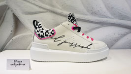 ED PARRISH-SNEAKERS DONNA GINNICHE VERA PELLE BIANCHE E PROFILI LEOPARD BIANCO/NERO  MADE IN ITALY