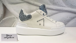 ED PARRISH-SNEAKERS DONNA GINNICHE VERA PELLE BIANCHE E GLITTER ARGENTO  MADE IN ITALY