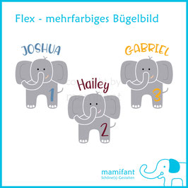 Bügelbild Elefant Geburtstag Wunschname Zahl Flex mehrfarbig