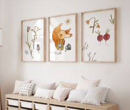 3er Posterset "Eichhörnchen u. Blumen" in A4  A3