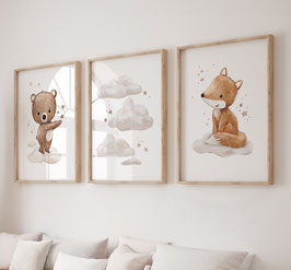 3er Posterset "Bär, Fuchs, Wolken" in A4 und A3
