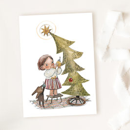 Weihnachtskarten "Kind und Hase schmücken Bäumchen"