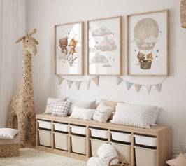3er Posterset "Ballon mit Bär u. Fuchs, Wolken, Sterne sammeln" in A4 und A3