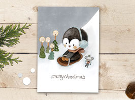 Weihnachtskarten "Pinguin rodelt"