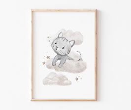 Kinderbild "Katze auf Wolken" in A4 und A3