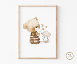 Kinderbild "Bär und Hase mit Blumen"