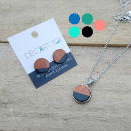 DUO : Mini pendentif rond en étain et bois du Québec (merisier) et boucles d'oreilles studs rondes, 100% Québec!