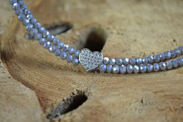 Perlenkette "Feines Glitzerherz" zweireihig mit facettierten Miniperlen / mittelgrau
