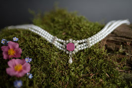 Kropfband "Blume",  mit Strass und flachen, pinken Stein - feine Machart