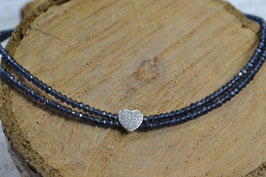 Perlenkette "Feines Glitzerherz" zweireihig mit facettierten Miniperlen / dunkelblau
