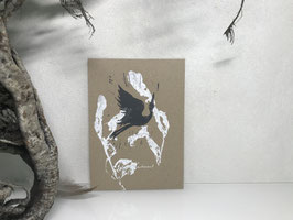 Kranich auf Recyclingpapier, Linoldruck, Mischtechnik