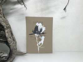 Kranich auf Recyclingpapier, Linoldruck, Mischtechnik