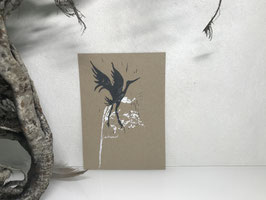 Kranich auf Recyclingpapier, Linoldruck, Mischtechnik