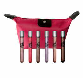 Set / Kit de 6 brillos de labios KISS MANIAC con cosmetiquera rosa de regalo