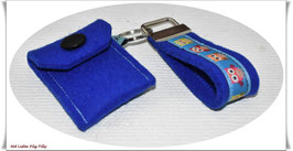 Schlüsselanhänger & Täschchen im Set / bunte Eulen auf blau