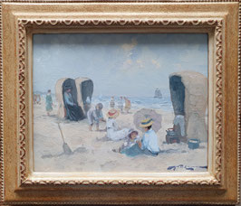 Strandgezicht met figuren en theeketel