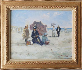 Standgezicht met parasols en veel figuren
