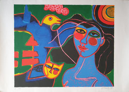 Femme, chat et oiseau