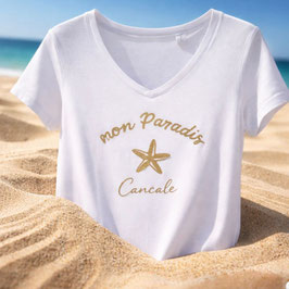 Tee-shirt femme fluide BLANC MON PARADIS CANCALE  + PAILLETTES OR