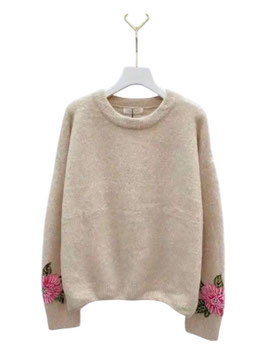 PULL BEIGE + FLEURS PERLES MANCHES