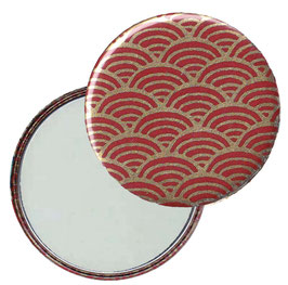 Flaschenöffner mit Magnet oder Taschenspiegel,Handspiegel  ,Button, 59 mm Durchmesser,Chiyogami Yuzen Papier,Halbkreise  gold auf rot