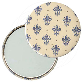 Taschenspiegel,Handspiegel, oder Flaschenöffner mit Magnet  ,Button, 59 mm Durchmesser, Blumenkrönchen blau  mit Golddruck