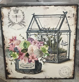 Blechschild Jardin Royal Garden Glashaus mit Blumen Korb mit Blumen 30 x 30 cm