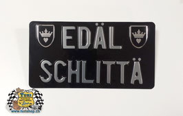 CH-Schild Hochformat 30 x 16cm Schwarz/Chrom, kleine Schrift, 2 spez. Wappen