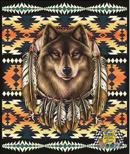 Flauschdecke - Wolf mit Aztekenmuster