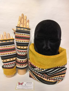 Tour de cou + mitaines , écharpe tube, snood. Jersey épais et polaire.