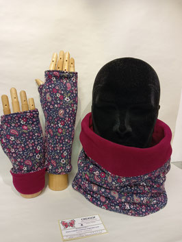 Tour de cou + mitaines , écharpe tube, snood. Jersey épais et polaire.