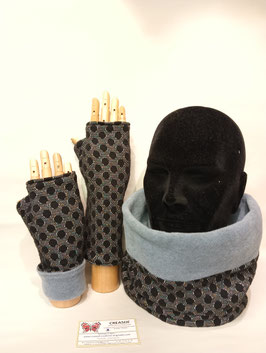 Tour de cou + mitaines , écharpe tube, snood. Jersey épais et polaire.