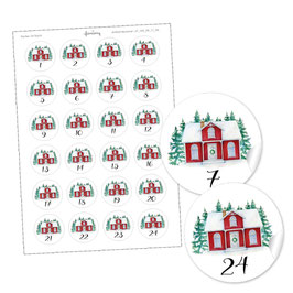 24 STICKER ADVENTSKALENDER ZAHLEN SCHWEDENHAUS ROT WEIß