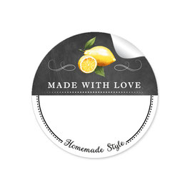 24 Sticker MADE WITH LOVE- HOMEMADE STYLE ZITRONE - Kreidetafel schwarz weiß - mit Freitextfeld BREIT