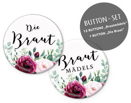 NEU: BUTTON SET MATT 1 x DIE BRAUT + 12 x BRAUTMÄDELS ROSEN ROT ROSA BOHO