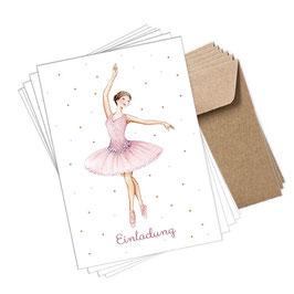 6er POSTKARTEN SET: Ballerina EINLADUNG + 6 braune Kraftpapier Umschläge