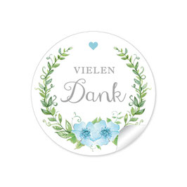 24 Sticker "Vielen Dank" - Blütenkranz -blau / grün