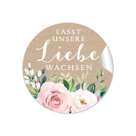 24 Sticker "Lasst unsere Liebe wachsen" - Kraftpapier Look Rosen Blüten Blätter rosa weiß grün