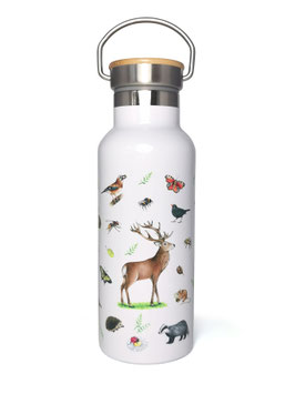 Isolierte Edelstahlflasche mit Bambusdeckel 500ml WALDTIERE zur Einschulung Kindergeburtstag Waldkindergaten Waldorfschule Schule Schulkind