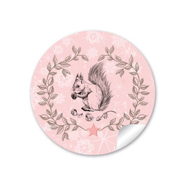 24 Sticker Eichhörnchen ROSA mit Weihnachtskranz