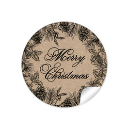 24 Sticker "Merry Christmas"- Weihnachtsskranz - Kraftpapier Look