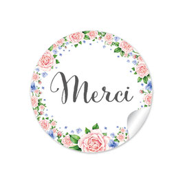 24 Sticker "Danke" - Rosen blau rosa - FRANZÖSISCH - Merci